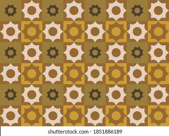 Seamless geometric pattern of eight ray stars with circles inside in yellow and ochre colors