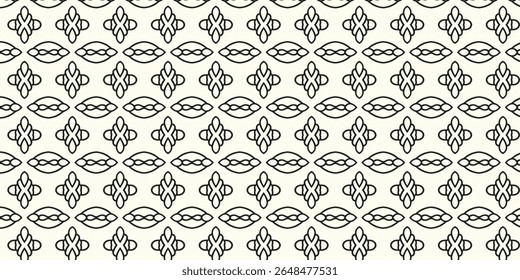 Padrão geométrico contínuo com elegantes motivos de linha preta em um fundo claro. Ideal para têxteis, papel de parede ou fundos. Apresenta simetria abstrata e contornos em negrito.