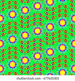 Seamless geometric pattern. Elements placement in the form of spikes. Background is green.