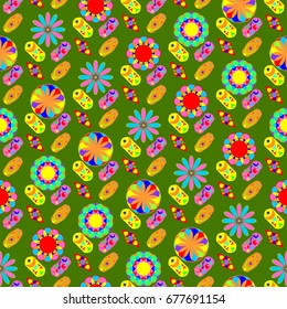 Seamless geometric pattern. Elements placement in the form of spikes. Background is green.