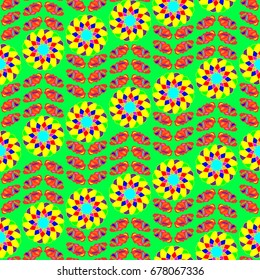 Seamless geometric pattern. Elements placement in the form of spikes. Background is green.