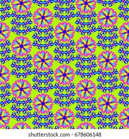 Seamless geometric pattern. Elements placement in the form of spikes. Background is green.