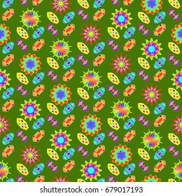 Seamless geometric pattern. Elements placement in the form of spikes. Background is green.