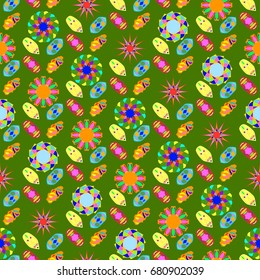 Seamless geometric pattern. Elements placement in the form of spikes. Background is green.