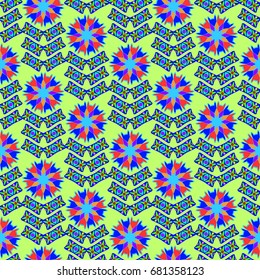 Seamless geometric pattern. Elements placement in the form of spikes. Background is green.