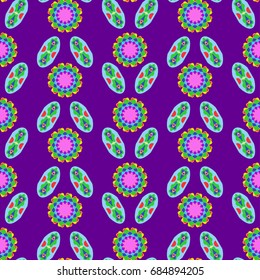 Seamless geometric pattern. Elements placement in the form of spikes. Background is violet.