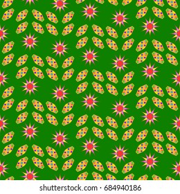 Seamless geometric pattern. Elements placement in the form of spikes. Background is green.