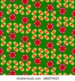 Seamless geometric pattern. Elements placement in the form of spikes. Background is green.