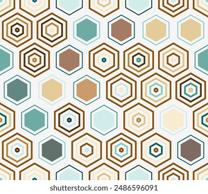 Seamless geometric pattern. Geometric elements of varied style and color. Large hexagon shapes. Tileable pattern. Seamless background. Charming vector illustration.