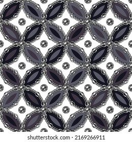 Seamless geometric pattern with ellipses, silver chains, ball beads. Classic background. Vector