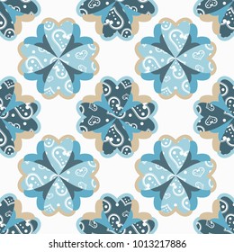 Seamless geometric pattern. Embroidery on fabric. Patchwork fabric. Bright colors and simple shapes. Trendy seamless pattern designs.