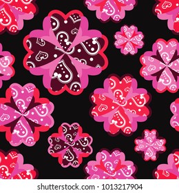Seamless geometric pattern. Embroidery on fabric. Patchwork fabric. Bright colors and simple shapes. Trendy seamless pattern designs.