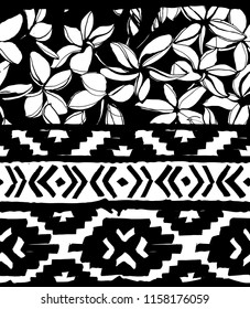 Seamless geometric pattern. Ethnic aztec mexican tropical tribal floral motifs with exotic plumeria flowers background. Grunge ink brush texture. Print for your textiles. Vector illustration.