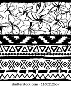 Seamless geometric pattern. Ethnic aztec mexican tropical tribal floral motifs with exotic plumeria flowers background. Grunge ink brush texture. Print for your textiles. Vector illustration.