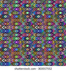 Seamless geometric pattern in ethnic folk style. Bright multicolored traditional motifs on a dark blue background.
