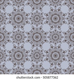 Seamless geometric pattern. 
Ethnic pattern lilac color with brown outline. 