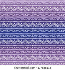 Seamless geometric pattern with ethnic motifs against purple ombre background.