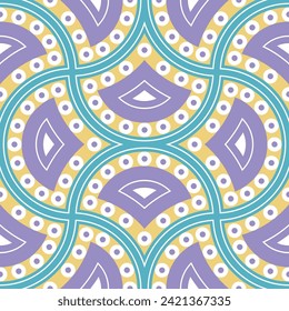 Seamless geometric pattern with ethnic motifs against purple background
