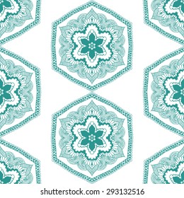 Seamless geometric pattern in ethnic oriental style. Abstract ornamental background in blue turquoise colors. Vector illustration in boho, vintage style for design of fabric, invitation, card