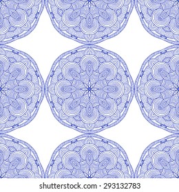 Seamless geometric pattern in ethnic oriental style. Abstract ornamental background in blue and white colors. Vector illustration in boho, vintage style for design of fabric, invitation, card