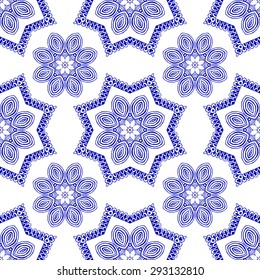 Seamless geometric pattern in ethnic oriental style. Abstract ornamental background in blue and white colors. Vector illustration in boho, vintage style for design of fabric, invitation, card