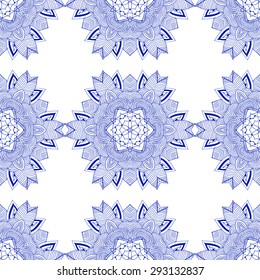 Seamless geometric pattern in ethnic oriental style. Abstract ornamental background in blue and white colors. Vector illustration in boho, vintage style for design of fabric, invitation, card
