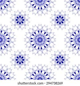 Seamless geometric pattern in ethnic oriental style. Abstract ornamental background in blue and white colors. Vector illustration in boho, vintage style for design of fabric, invitation, card