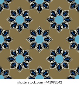 Seamless geometric pattern in ethnic oriental islamic style. Abstract blue and ochre background. Vector illustration in boho, vintage style for design of fabric, invitation card, textile, wallpaper