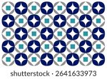 seamless geometric pattern. Ethnic style Indonesian Batik Ceplok motif, a simple geometric floral pattern alternating light teal squares with two-tone blue rounded petals on a white background. floral