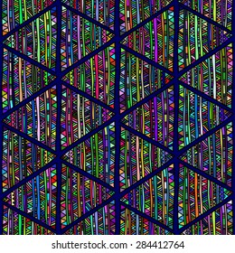Seamless geometric pattern in ethnic style. Bright colorful folk triangular motifs on a dark blue background.