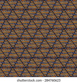 Seamless geometric pattern in ethnic style. Bright colorful folk triangular motifs on a dark blue background.