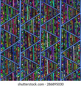 Seamless geometric pattern in ethnic style. Bright colorful folk triangular motifs on a dark blue background.