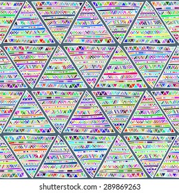 Seamless geometric pattern in ethnic style. Bright colorful folk triangular motifs on a grey, background