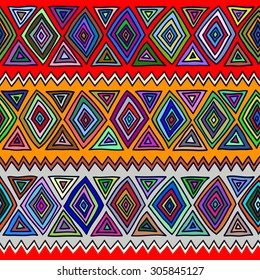 Seamless geometric pattern in ethnic style, a bright structure of rhombus, triangle and zigzags.