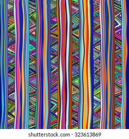 Seamless geometric pattern in ethnic style. Folk traditional motifs. Triangles, zigzags, stripes. Painted hands. Cheerful motley color.