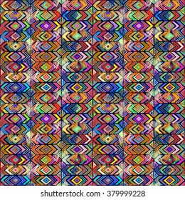 Seamless geometric pattern in ethnic style. Cheerful pattern of bright geometric shapes.  Vector, painted by hand