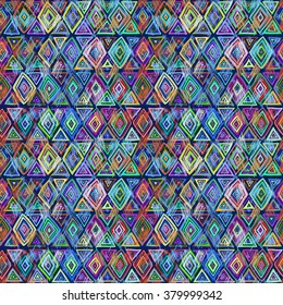 Seamless geometric pattern in ethnic style. Cheerful pattern of bright geometric shapes. Vector, painted by hand