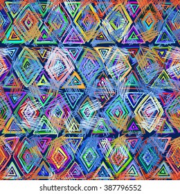Seamless geometric pattern in ethnic style. Cheerful pattern of bright geometric shapes, hand drawn background. For the design and decoration background, wallpaper, packaging, fabrics, textiles.