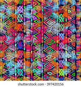 Seamless geometric pattern in ethnic style for your design, painted by hand, hand drawn background.
