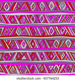 Seamless geometric pattern in ethnic style. Tribal, folk traditional motifs. Triangles, zigzags, stripes. Cheerful motley color.