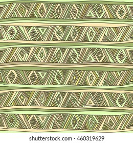 Seamless geometric pattern in ethnic style. Tribal, folk traditional motifs. Triangles, zigzags, stripes, painted hands. 