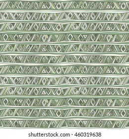 Seamless geometric pattern in ethnic style. Tribal, folk traditional motifs. Triangles, zigzags, stripes, painted hands. 