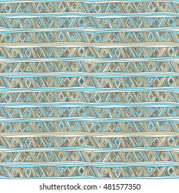 Seamless geometric pattern in ethnic style. Tribal, folk traditional motifs. Triangles, zigzags, stripes. 