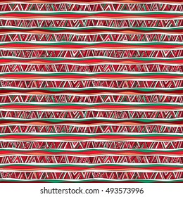Seamless geometric pattern in ethnic style. Tribal, folk traditional motifs. Triangles, zigzags, stripes. Painted hands. 