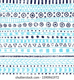 Seamless geometric pattern. Ethnic and tribal motifs. Grunge texture. Blue and white colors. Print for your textiles. Vector illustration
