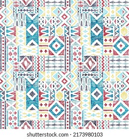 Seamless geometric pattern. Ethnic and tribal motifs. Patchwork ornament in bohemian style. Print for carpets, blankets, pillows. Grunge vintage texture. Vector illustration.