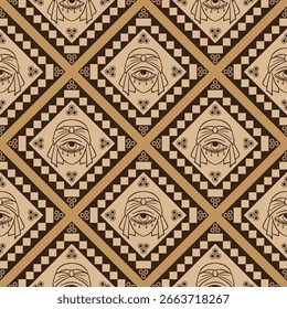 Seamless geometric pattern with eye of Horus symbol on beige background. Decorative design element. Ornament with diamond shape 