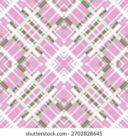 padrão geométrico sem costura, Um padrão de tecido geométrico em tons de rosa, branco e verde, formando grades cruzadas fluidas com um estilo moderno e abstrato, dando uma impressão visual fresca e limpa.
