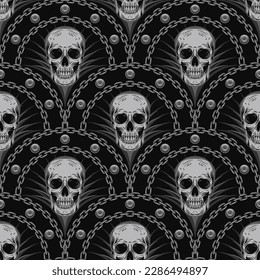 Seamless geometric pattern with fan shaped grid, steel chains, rivets, human skulls. Gothic monochrome background in vintage style. Good for mens apparel, clothing, fabric, textile, sport goods.