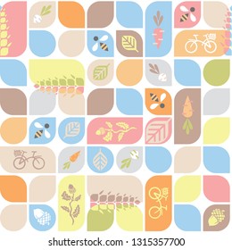 Seamless geometric pattern with farm vegetables, carrots, bees, spikes, leaves, radishes and a bicycle